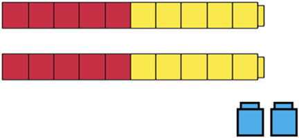 1er, un tren de cubos con 1 cubos rojos y 5 amarillos. Un tren de cubos con 1 cubos rojos y 5 amarillos. Luego, 2 bloques azules