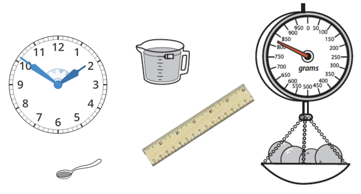 a clock, a spoon, a ruler, a measuring cup, and a spring scale