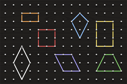 A geoboard with an orange rectangle. a white rhombus. a red square. a blue kite. a yellow rectangle. a green trapezoid. a purple parallelogram.