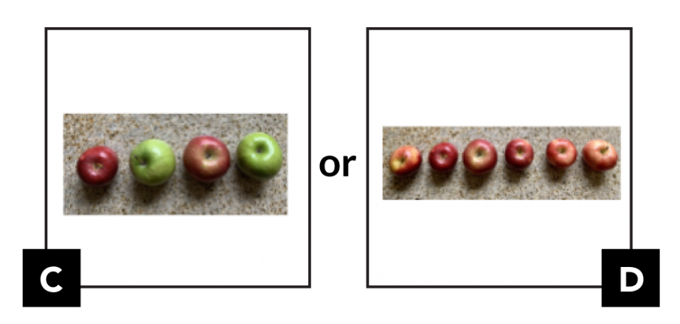 C. shows 4 apples in a line. They are red, green, red, green. D. shows 6 red apples in a line.