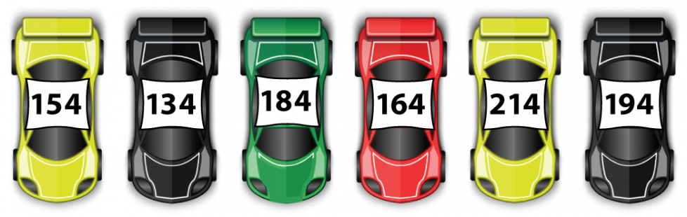 6 race cars with numbers on top. 1st, a yellow car with #154. Next, black, #134. Then, green, #184. Next, red, #164. Then, yellow #214. Last, black, #194.