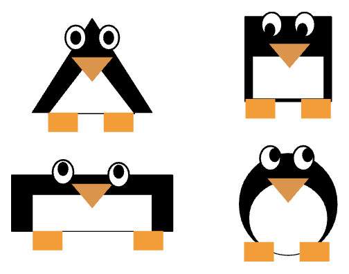 Triangle penguin. Square penguin. Rectangle penguin. Circle penguin. All the penguins have orange triangle noses and orange rectangle feet.