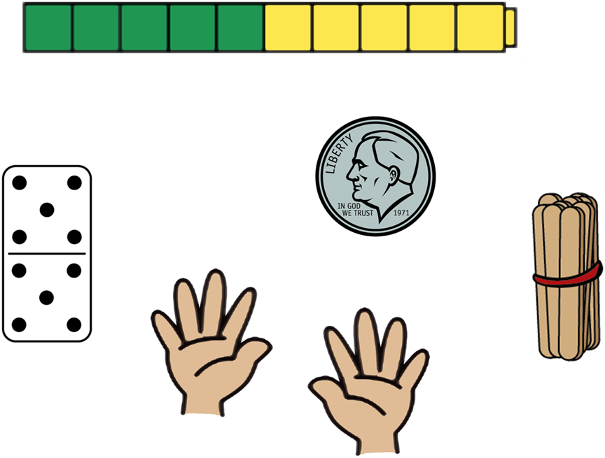 A cube train with 5 green and 5 yellow cubes. A domino for 5 and 5. A dime. A pair of hands, both showing 5 fingers. A bundle of 10 craft sticks.