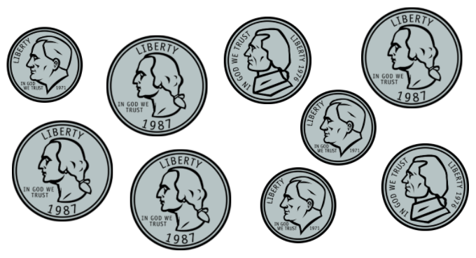 4 monedas de 25 centavos, 2 monedas de 5 centavos & 3 monedas de 10 centavos
