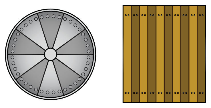 A round shield with 10 sections. The sections are colored in a pattern: dark, light, dark, light and so on. A rectangle drawbridge with 10 sections. The sections are colored in a pattern: light, dark, light, dark, and so on.