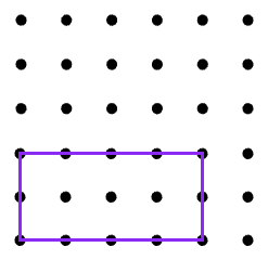 a geoboard with purple lines making a rectangle 4 units wide and two units tall