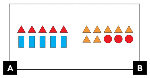 2 panels labeled A and B, each with 10 shapes; some shapes are the same between the panels.