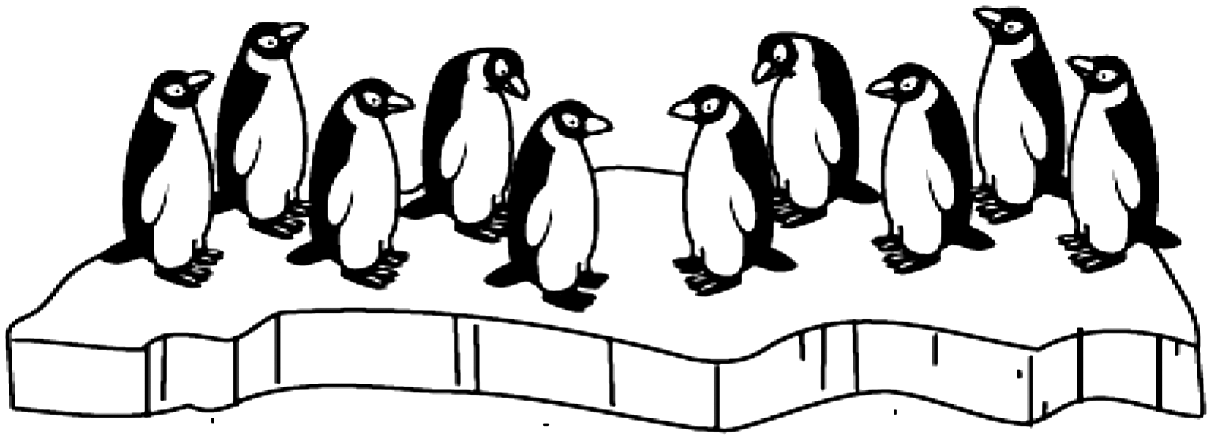 1st, an ice ledge with 5 penguins looking at 5 penguins.