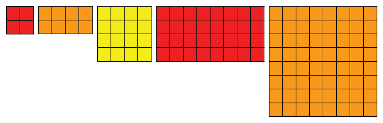 Una fila de seis matrices rectangulares de tamaños que van en aumento.