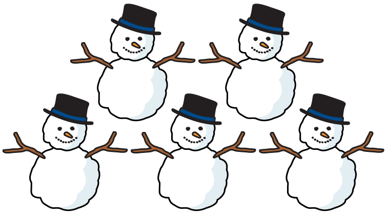five snow people, each with 2 stick arms