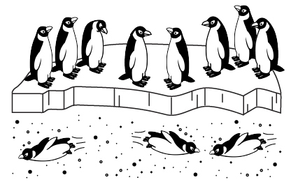 Eight penguins on an ice shelf and 3 swimming in the water.