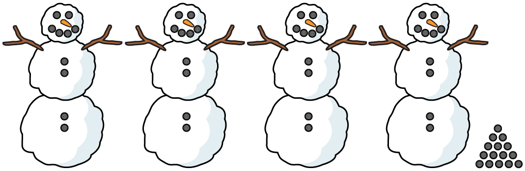 Four matching snow people with a pile of 15 black buttons next to them.