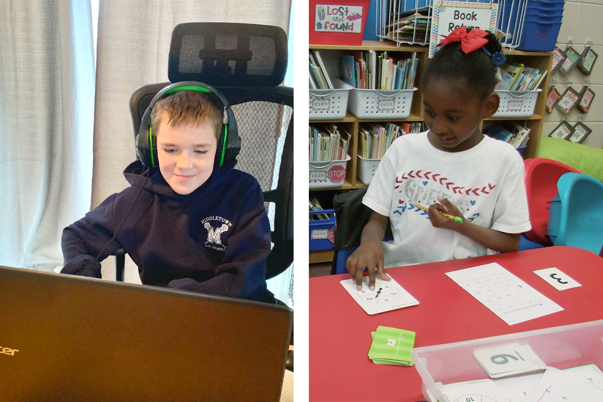 Un niño trabajando en su escritorio con una computadora portátil y una niña resolviendo un juego matemático en la clase con una flecha giratoria y una hoja de anotaciones para el juego.