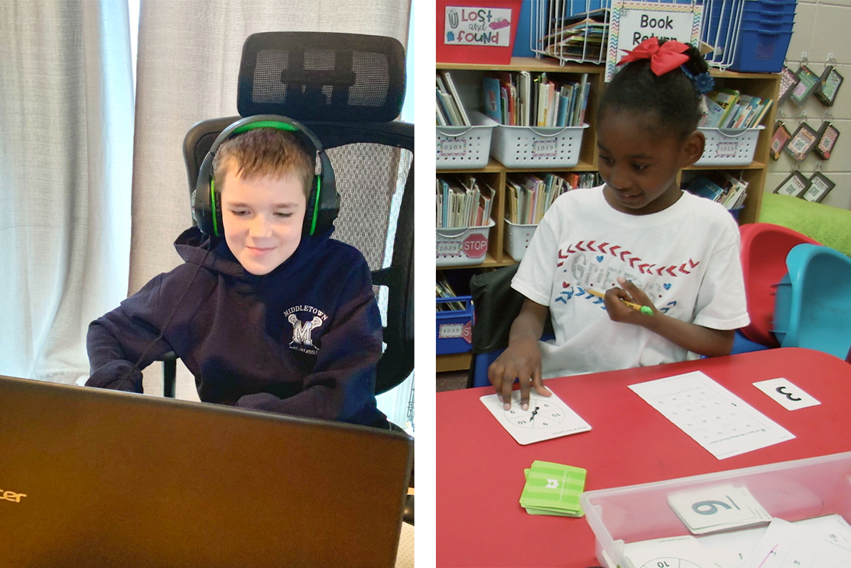 Boy working at a desk working on a laptop computer & girl playing math game in class with spinner and game sheet.