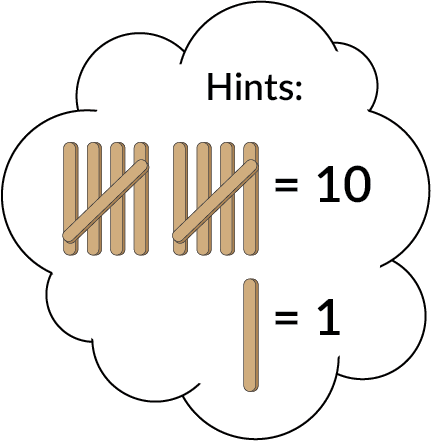 Hints: Two groups of 5 craft sticks = 10. A single craft stick = 1