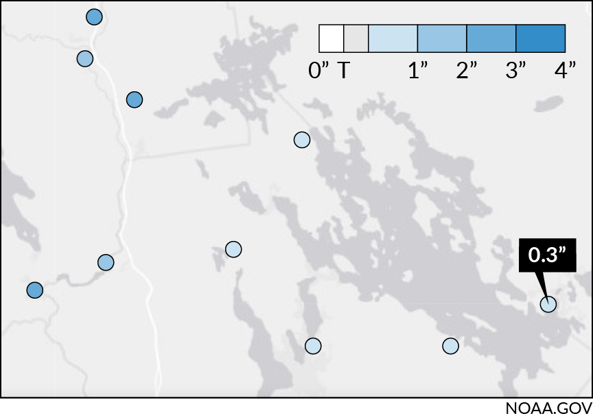 A map shows snowfall accumulation in Wolfeboro, New Hampshire, and surrounding areas.