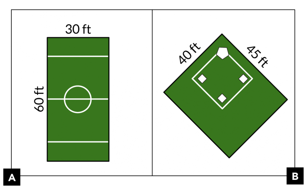A. A soccer field. The short side is 30 feet. The long side is 60 feet. B. A baseball field. The short side is 40 feet. The long side is 45 feet.