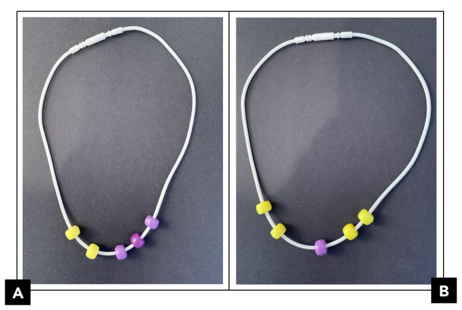 A. A necklace with (in order) 2 yellow beads & 3 purple beads. B. A necklace with (in order) 2 yellow beads, 1 purple bead, & 2 yellow beads.