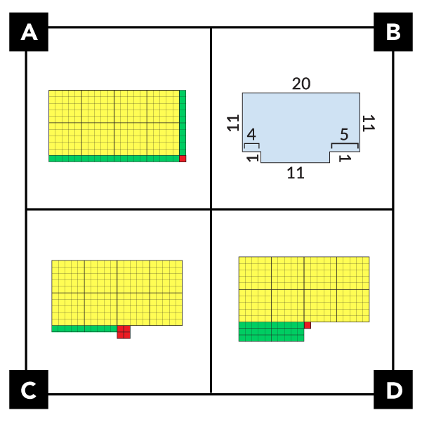 A: muestra un rectángulo hecho de piezas de base diez. 2 cuadrículas de 100 una al lado de la otra. 3 tiras de diez (1 en el lado, 2 en la parte inferior) y 1 unidad (en la esquina inferior derecha). B: muestra una figura irregular hecha con 2 rectángulos. Uno es de 20 por 11. El otro es de 11 por 1. C: muestra 2 cuadrículas de 100 una al lado de la otra. A lo largo del borde inferior hay 1 tira de diez y 4 unidades en un cuadrado de 2 por 2. D: muestra 2 cuadrículas de 100 una al lado de la otra. A lo largo del borde inferior de la cuadrícula de 100 izquierda hay 3 tiras de diez (horizontales). 1 unidad está a la derecha de la primera tira de 10.