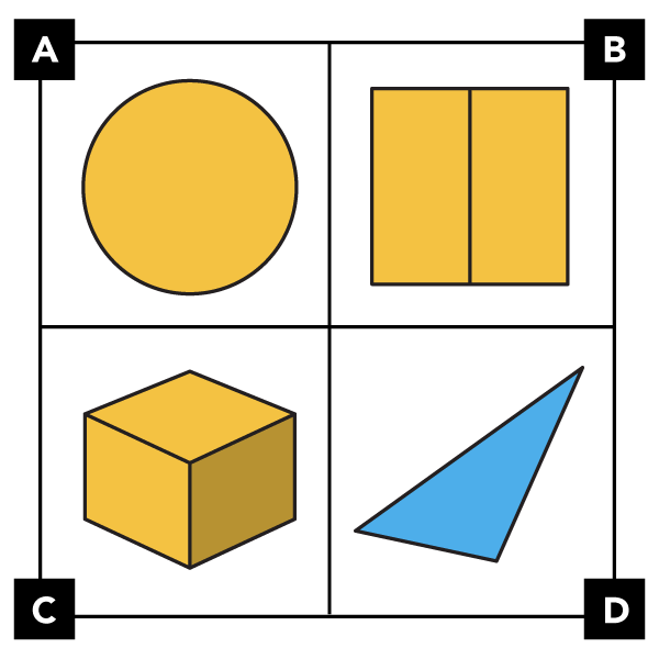 A. shows a yellow circle. B. shows yellow square. It's made from 2 equal rectangles. C. shows a yellow cube. D. shows a blue triangle. Each side is a different length.