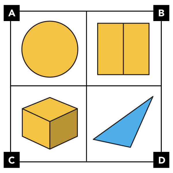 A: muestra un círculo amarillo. B: muestra un cuadrado amarillo. Está formado por 2 rectángulos iguales. C: muestra un cubo amarillo. D: muestra un triángulo azul. Cada lado tiene longitud diferente.