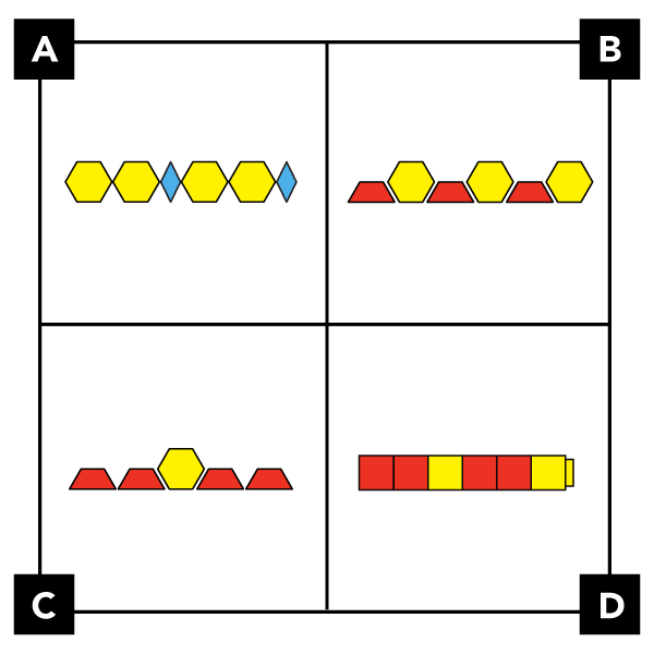 A. shows a line of pattern shapes. 2 yellow hexagons. 1 blue rhombus. 2 yellow hexagons. 1 blue rhombus. B. shows a line of pattern shapes. Red trapezoid. Yellow hexagon. Red trapezoid. Yellow hexagon. Red trapezoid. Yellow hexagon. C. shows a line of pattern shapes. 2 red trapezoids. 1 yellow hexagon. 2 red trapezoids. D. shows a line of Unifix cubes. 2 red cubes. 1 yellow cube. 2 red cubes. 1 yellow cube.