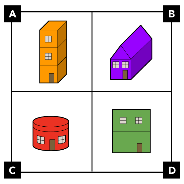A. shows a building made with 3 stacked cubes. The top and middle floors each have a window. The bottom floor has a door. B. shows a building made with a triangular prism on top of a rectangular prism. The rectangular part has 2 windows and a door. C. shows a building made with 2 stacked cylinders. The top cylinder is short to make a roof. The bottom cylinder has two windows and a door. D. shows a building made with 2 stacked rectangles. The top floor has 2 windows. The bottom floor has a door.