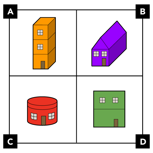 A: muestra un edificio hecho con 3 cubos apilados. El piso de arriba y el intermedio tienen cada uno una ventana. El piso de abajo tiene una puerta. B: muestra un edificio hecho con un prisma triangular encima de un prisma rectangular. La parte rectangular tiene 2 ventanas y una puerta. C: muestra un edificio hecho con 2 cilindros apilados. El cilindro de arriba es corto para hacer un techo. El cilindro de abajo tiene dos ventanas y una puerta. D: muestra un edificio hecho con 2 rectángulos apilados. El piso de arriba tiene 2 ventanas. El piso de abajo tiene una puerta.