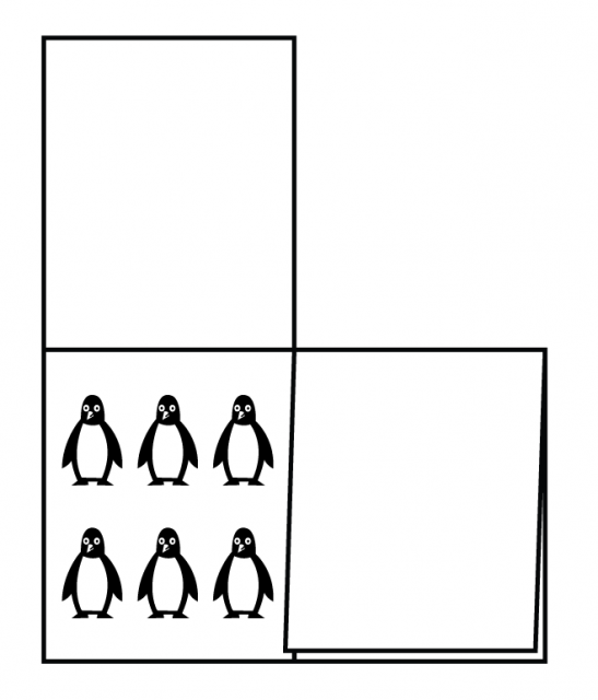 Una tarjeta de dibujos de dos solapas muestra 2 filas de 3 pingüinos debajo de una solapa. La otra solapa oculta el resto de la tarjeta.