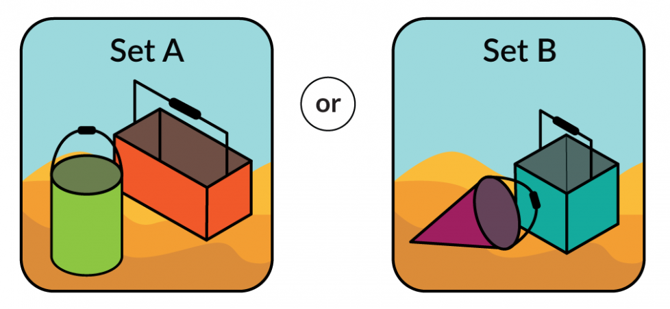Set A? A cylinder and a rectangular prism. Or Set B? A cone and a cube.