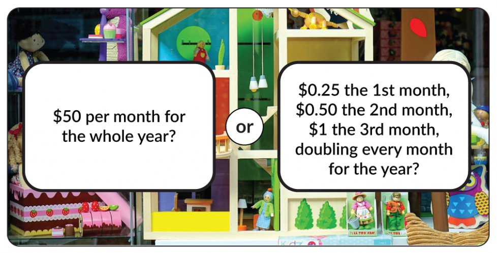 $50 per month for the whole year? Or 25 cents for the first month, 50 cents for the second month, $1 for the third month, doubling every month for the year?