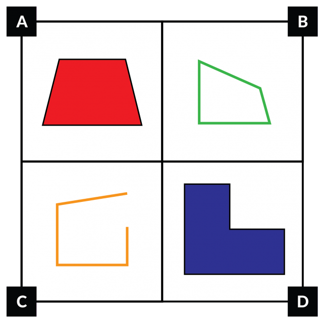 A: muestra un polígono de 4 lados sin ángulos rectos. 2 lados son paralelos. B: muestra un polígono de 4 lados con 1 ángulo recto. No tiene lados paralelos. C: muestra una figura con 2 ángulos rectos y 2 lados paralelos. La figura no está cerrada. D: muestra una figura con 6 lados. Todos los ángulos son ángulos rectos.