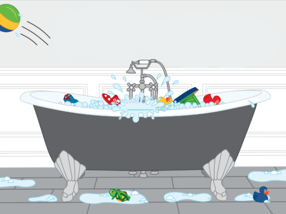 The bathtub is full of water and toys. Someone splashed and made 6 puddles on the floor. They also splashed a turtle toy and a rubber duck right out of the tub. In the tub are 2 boats, 2 rubber ducks, and 1 other tub toy. A ball with 3 stripes has bounced out of the tub, leaving 11 water drops behind. The floor is tiled, with 15 tiles. The bathtub has 1 sprayer and 2 handles.