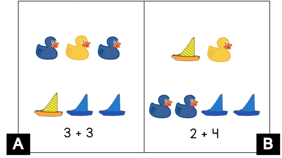 A. La fila de arriba tiene un patito azul, un patito amarillo y un patito azul. La fila de abajo tiene un velero amarillo y dos veleros azules. 3 + 3. B. La fila de arriba tiene 1 velero amarillo y 1 patito amarillo. La fila de abajo tiene 2 patitos azules y 2 veleros azules. 2 + 4.