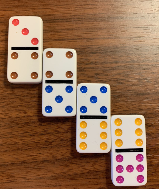 4 dominoes arranged so that the second half of one lines up with the first half of the next. First, 3 red dots over 4 brown dots. Next, 4 brown dots over 5 blue dots. Then, 5 blue dots over 6 yellow dots. Last, 6 yellow dots over 7 pink dots.