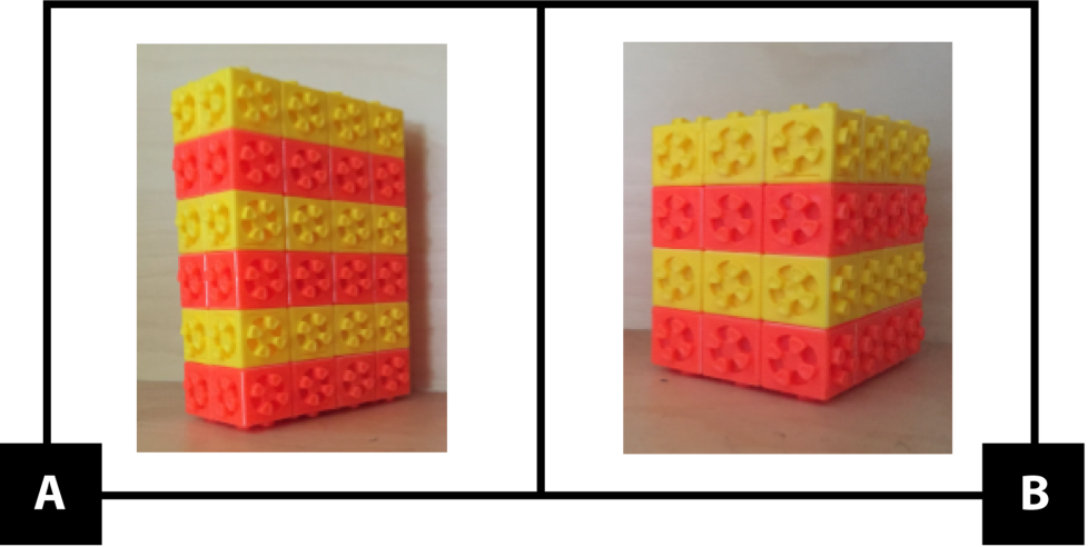 A: Un prisma rectangular hecho con unidades de cubos. Tiene 2 unidades de largo por 4 unidades de ancho por 6 unidades de alto. Los cubos alternan colores en capas: amarillo, anaranjado, amarillo, anaranjado, amarillo, anaranjado. B: Un prisma rectangular hecho con unidades de cubos. Tiene 3 unidades de largo por 4 unidades de ancho por 4 unidades de alto. Los cubos alternan colores en capas: amarillo, anaranjado, amarillo, anaranjado.
