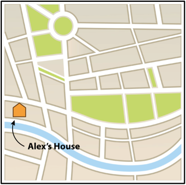 A map with Alex's house marked on it. 