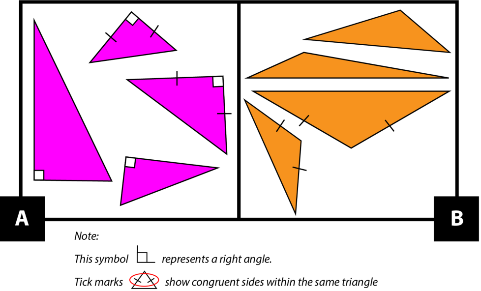 A: Four right triangles. 2 of the triangles have 2 congruent sides and 2 do not. B: Four obtuse triangles. 2 of the triangles have 2 congruent sides and 2 do not.