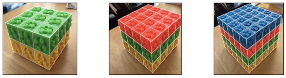 3 rectangular prisms. First, a 3 by 3 by 2 prism. The bottom level is yellow. The top level is green. Next, a 4 by 4 by 3 prism. The bottom level is yellow, the middle is green, and the top is orange. Last, a 5 by 5 by 4 prism. From the bottom, the level colors go yellow, then green, then orange, then blue.