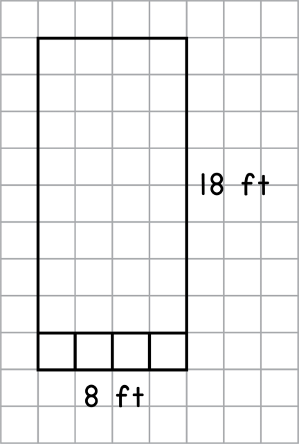 Rayne's driveway plan is a sketch on grid paper, 8 feet wide by 18 feet long. The bottom row is drawn to show 4 equal spaces. It looks like there are 9 rows.