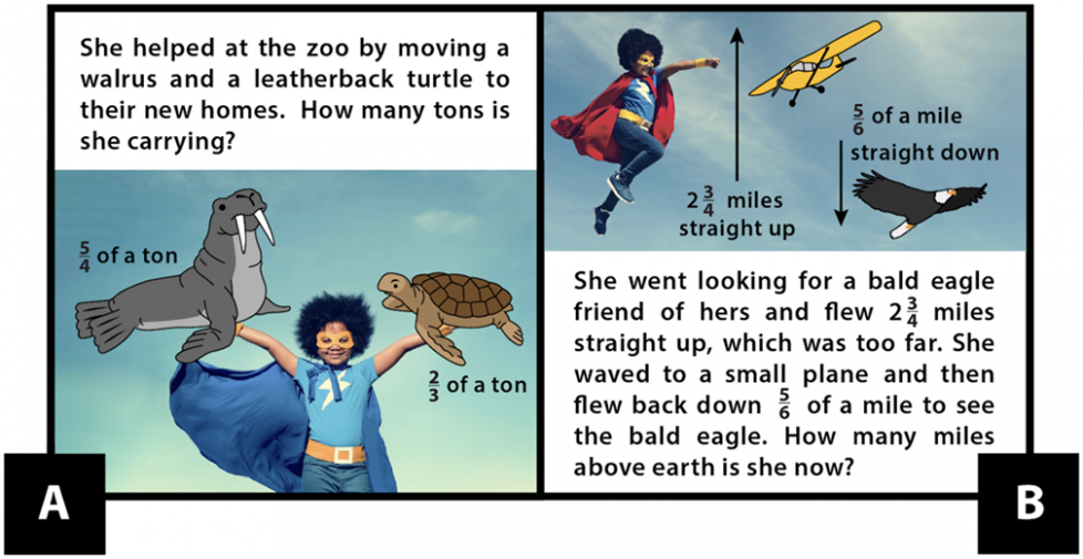 A: She helped at the zoo by moving a walrus and a leatherback turtle to their new homes. The walrus weighs 5-fourths of a ton. The turtle weighs 2-thirds of a ton. If Lady Lightning moves both at the same time, how many tons is she carrying? B: She went looking for a bald eagle friend of hers and flew two and three-fourth's miles straight up, which was too far. She waved to a small plane, and then flew back down five-sixths of a mile to see the bald eagle. How many miles above earth is she now?