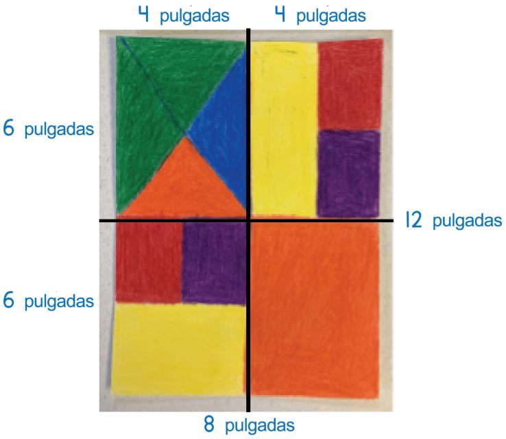 Paco coloreó papel de 12 pulgadas de largo por 8 pulgadas de ancho. 1 cuarto se divide en 4 triángulos. 2 triángulos son verdes y hacen 1 triángulo grande. Los triángulos más pequeños son anaranjados y azules. 2 de los cuartos se dividen en 3 rectángulos cada uno. Los rectángulos de 1 conjunto son verticales. Los rectángulos del otro conjunto son horizontales. En ambos conjuntos, el rectángulo amarillo tiene el doble de tamaño que los rectángulos morado y rojo. El último cuarto es todo anaranjado.