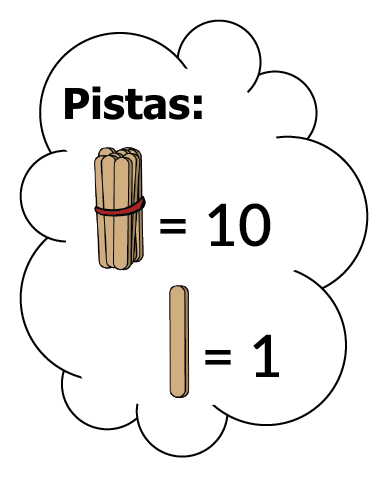 Pistas: 1 paquete de palitos = 10. Un palito suelto = 1.