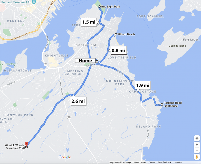 On this map, distances are as follows starting from the home point. To Winnick Woods Greenbelt Trail it is 2.6 miles. This is a woods destination. The next three are water destinations. To Bug Light Park it is 1.5 miles. To Willard Beach it is 0.8 miles. To Portland Head Lighthouse it is 1.9 miles.
