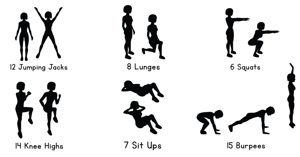 Olivia would like to do 12 jumping jacks, 8 lunges, 6 squats, 14 knee highs, 7 sit ups, and 15 burpees.