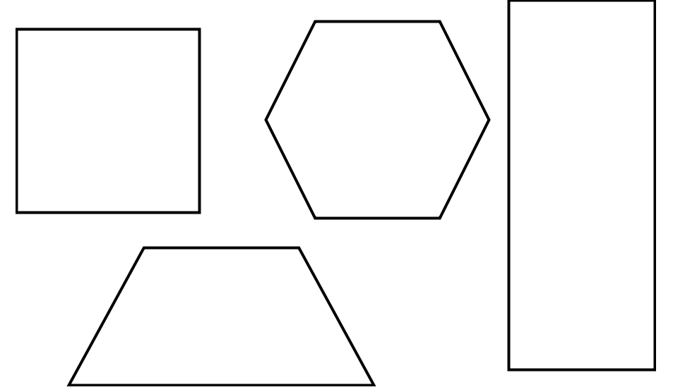 A square, a hexagon, a rectangle, and a trapezoid.