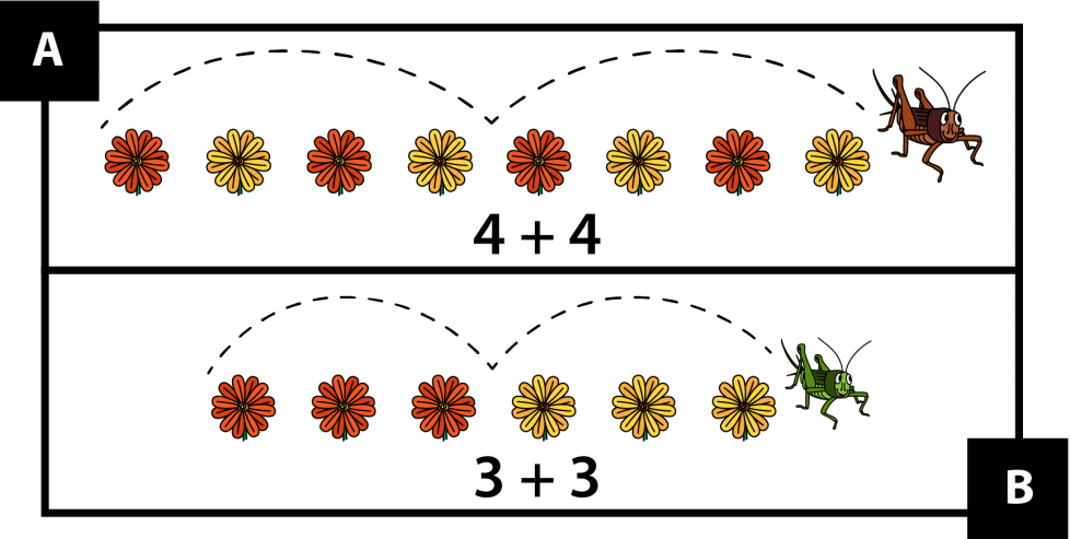 A: A brown grasshopper jumped over four red and yellow flowers and then four more. 4 + 4. B: A green grasshopper jumped over three red flowers and then three yellow flowers. 3 + 3.