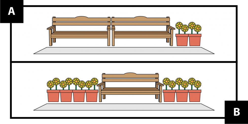 Path A: 2 benches and two flowerpots. Path B: 4 flowerpots, 1 bench, and 3 more flowerpots. 
