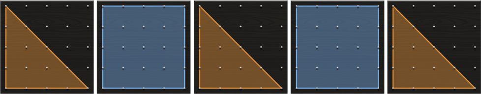 5 geoboards. 1st, an orange triangle. Next, a blue square. Then an orange triangle. Next, a blue square. Last, an orange triangle.