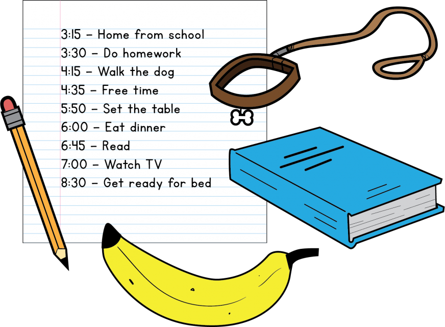 Here is Julio's after-schools schedule. 3:15 – Home from school. 3:30 – Do homework. 4:15 – Walk the dog. 4:35 – Free time. 5:50 – Set the table. 6:00 – Eat dinner. 6:45 – Read. 7:00 – Watch T.V. 8:30 – Get ready for bed.